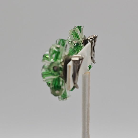Vtg Mid-Century Atomic Starburst Green Stripe Glass Cluster Clip Earrings Japan - Picture 7 of 13